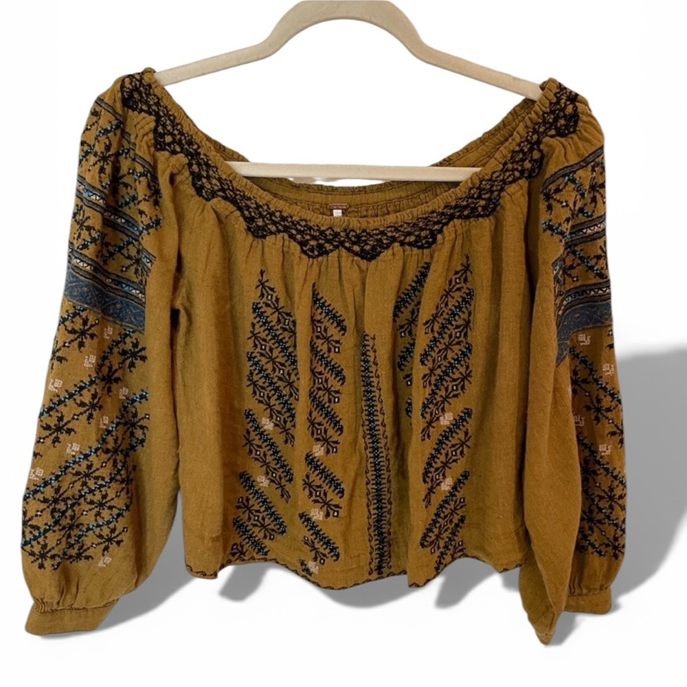 Free People Embroidered Off-Shoulder Peasant Top in Mustard, XS
